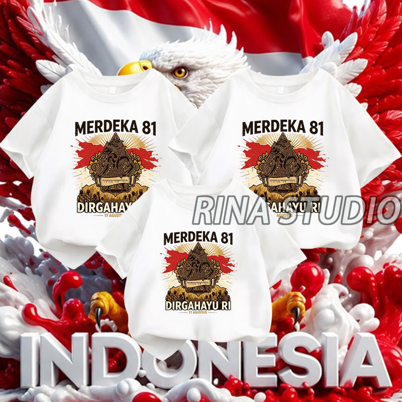 MERAH RINA STUDIO | เสื้อยืดครอบครัวล่าสุดรุ่น 2026 เสื้อยืดสีแดง MERDEKA 81 DIRGAHAYU & RINA STUDIO