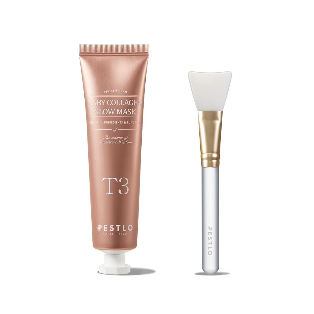 PESTLO Glow Application Set: Baby Collagen Glow Mask (1.69 fl oz) + แปรงไม้พายซิลิโคน – มาส์กคอลลาเจ