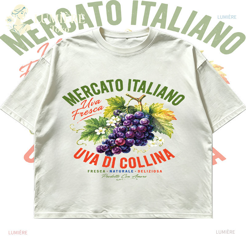 ร้านลูมิÈRE|เสื้อยืดแขนสั้นผู้หญิง Oversize Boxy พร้อม Mercato Italiano Grape Motif เสื้อผู้หญิงอินเ