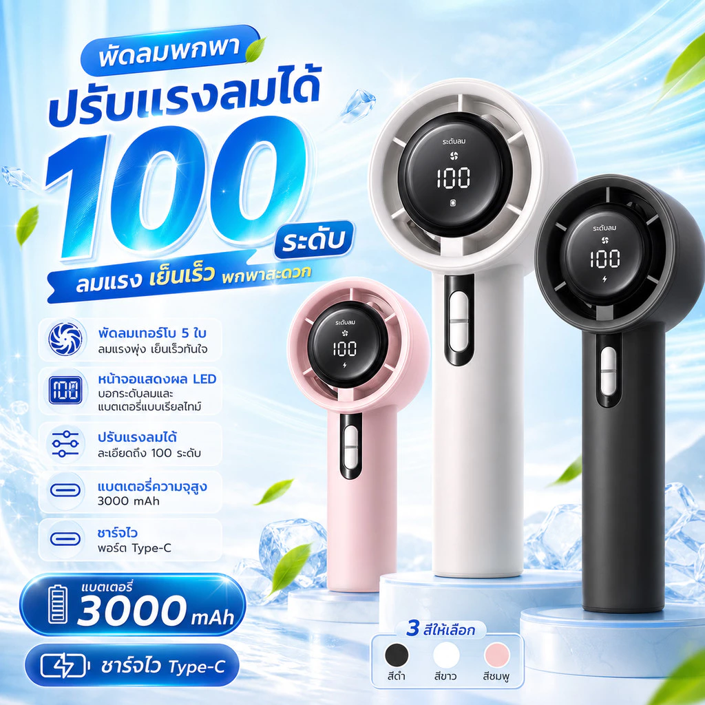 พัดลมพกพา พัดลมมือถือ 100 ระดับ มีสายคล้องคอ ชาร์จ Type-C พัดลมจิ๋วแต่แรง แบต 3000mAh