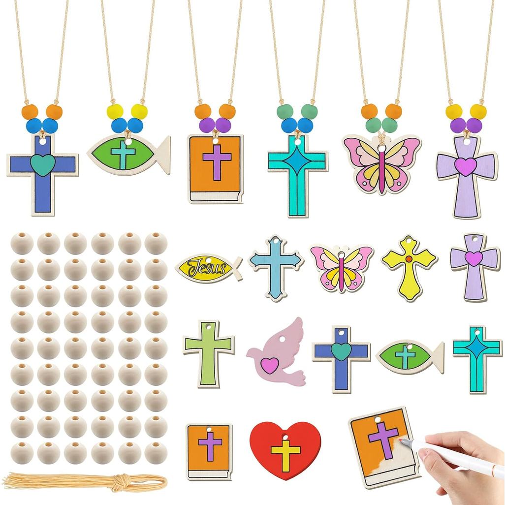 Soulchen 18 ชุด 2026 VBS ไม้ CROSS หัตถกรรมศาสนาลูกปัดสร้อยคอคริสเตียนภาพวาดหัตถกรรมลูกปัดศาสนา CROS