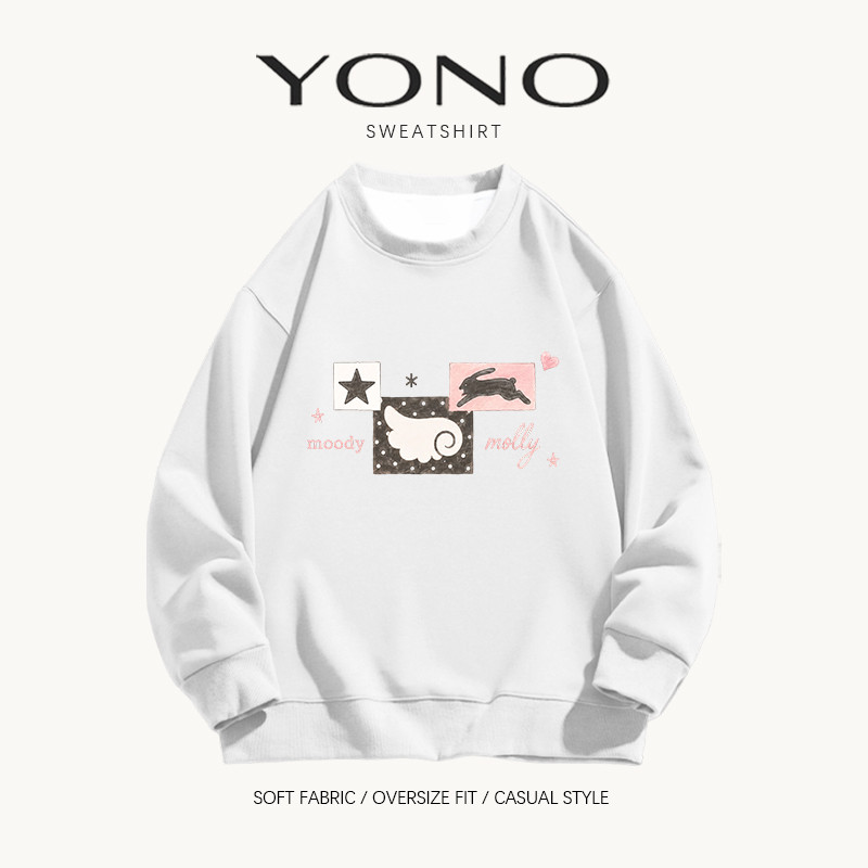 (พร้อมส่ง24ชม.) YONO เสื้อสเวตเชิ้ตผู้หญิง Oversize คอกลม ลายกราฟิก Moody Molly แบบคอลลาจ สไตล์เกาหลี