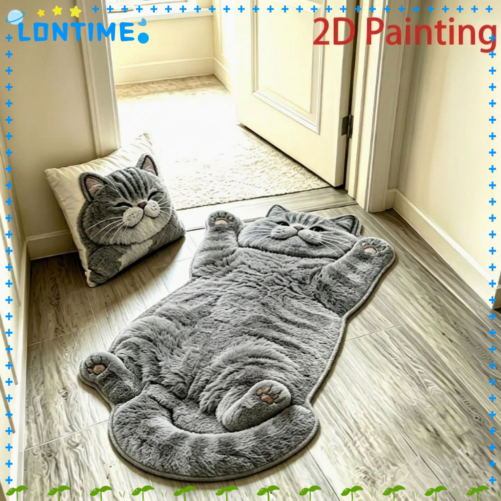 LONTIME พรมตกแต่งบ้าน, พรมพื้นที่รูปแมวกันลื่น 2D, นุ่มทําความสะอาดง่ายป้องกันการเปรอะเปื้อนพรมการ์ตูนห้องนั่งเล่น