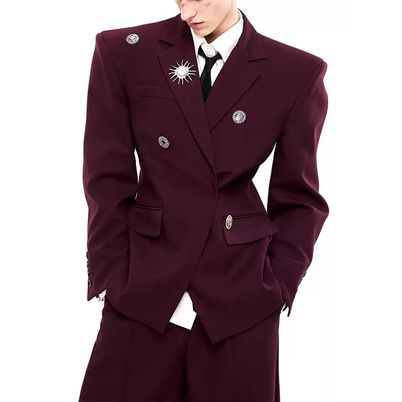American Niche ไหล่-Upturned เสื้อสูทผู้ชายฤดูใบไม้ร่วง High-End หรูหราโลหะเข็มกลัดผู้ชายแคบ-เอวชุด