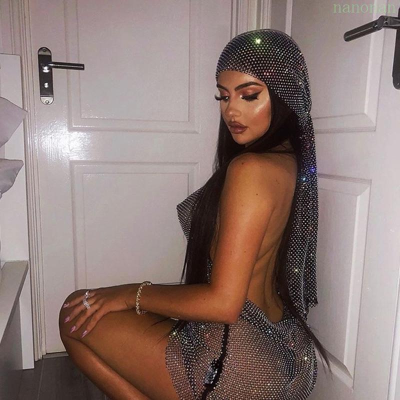 Nan Rhinestone Turban หมวก Bling Rhinestone HeadScarf Rhinestone HeadWrap HaloTurban Fishnet ผ้าพันค