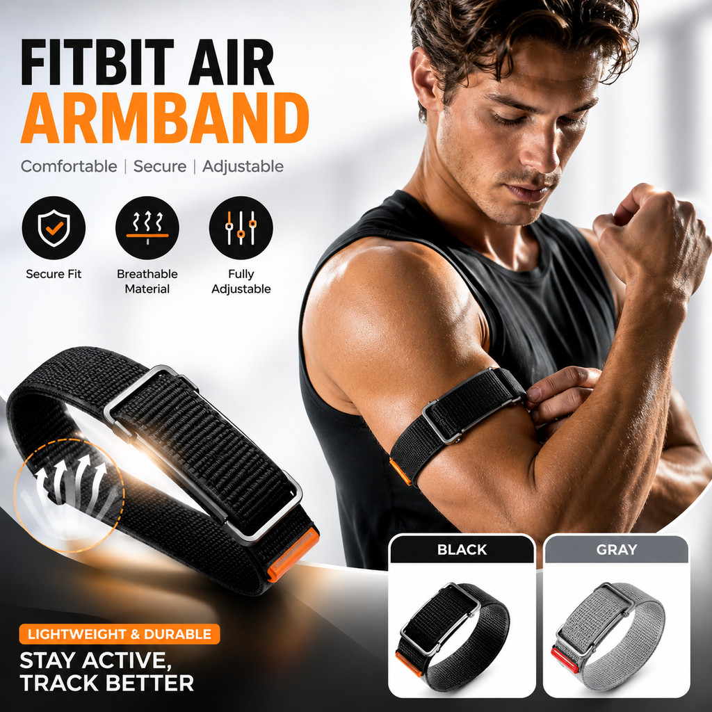 สําหรับ Fitbit Air ปลอกแขนไนลอนแบบปรับได้ Sport Bicep Band พร้อมเคสโลหะที่ถอดออกได้สายรัดติดตามฟิตเนส
