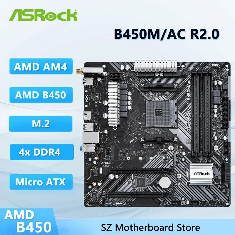 ASRock B450 B450M เมนบอร์ด B450M/ac R2.0 เมนบอร์ด AM4 DDR4 128GB Ryzen 5 5600G R7 5700 5600 5700 580