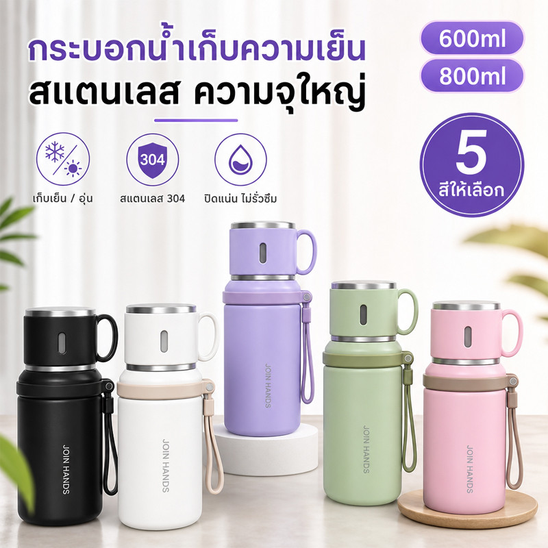 ขวดน้ำสแตนเลส 600ML/800ML กระบอกเก็บความร้อน‑เย็น มีฝาปิด ซีลซิลิโคน ป้องกันรั่วซึม
