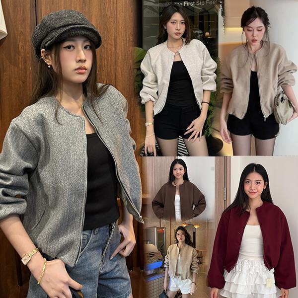 mimi-เสื้อแจ็คเก็ตสั้นแขนยาวคอกลมสำหรับผู้หญิงฤดูใบไม้ร่วง ทรงหลวมไหล่ตก มีซิป เสื้อคลุมแฟชั่นย้อนยุคสไตล์เกาหลี#99580