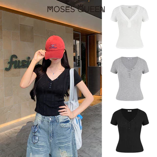 MOSESQUEEN โมเสส ราชินี โดปามีน เสื้อยืดคอวีแขนสั้นผ้าถักสําหรับผู้หญิงในฤดูร้อนรูปแบบใหม่สลิมฟิตทําให้แบน ๆ มีกระดุมดีไซน์อเนกประสงค์และด้านบนมีสไตล #63902