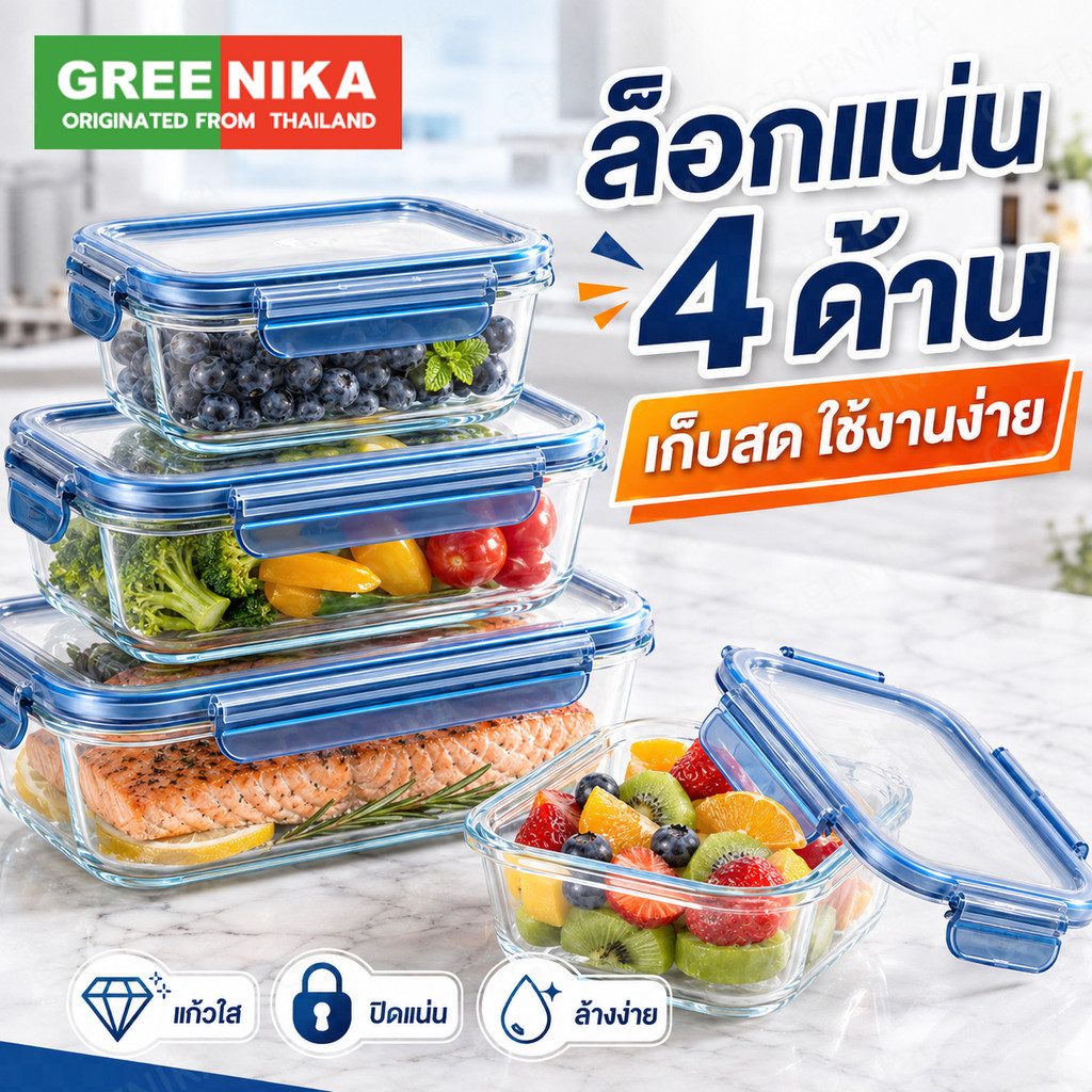 GREENIKA กล่องแก้วเก็บอาหาร ถนอมอาหาร มีซีลยางกันรั่วซึม ฝาล็อค2ชั้น ใช้ในตู้เย็นได้และเข้าไมโครเวฟได้