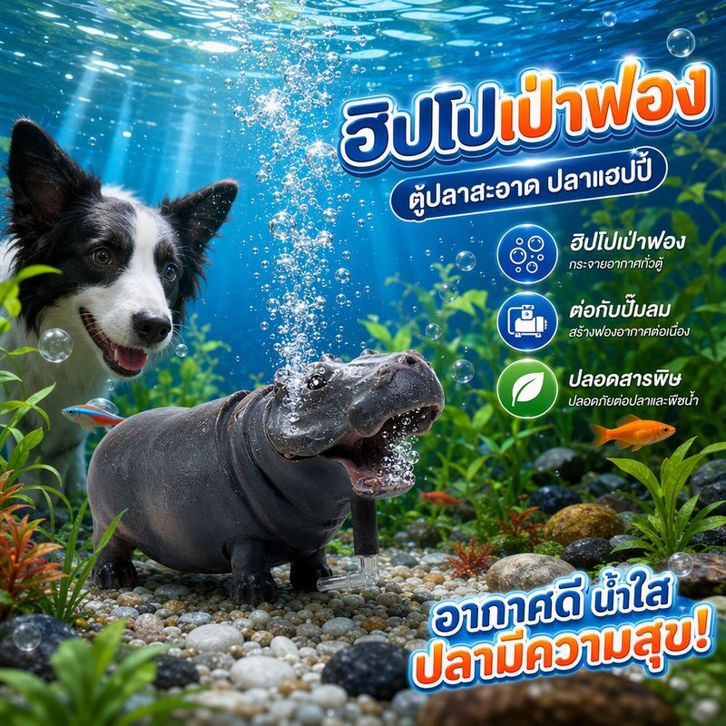 ของแต่งตู้ปลา ฮิปโปเป่าฟอง ต่อปั๊มลม ตกแต่งอ่างเลี้ยงปลา ปลอดสารพิษ มี 2 ขนาด