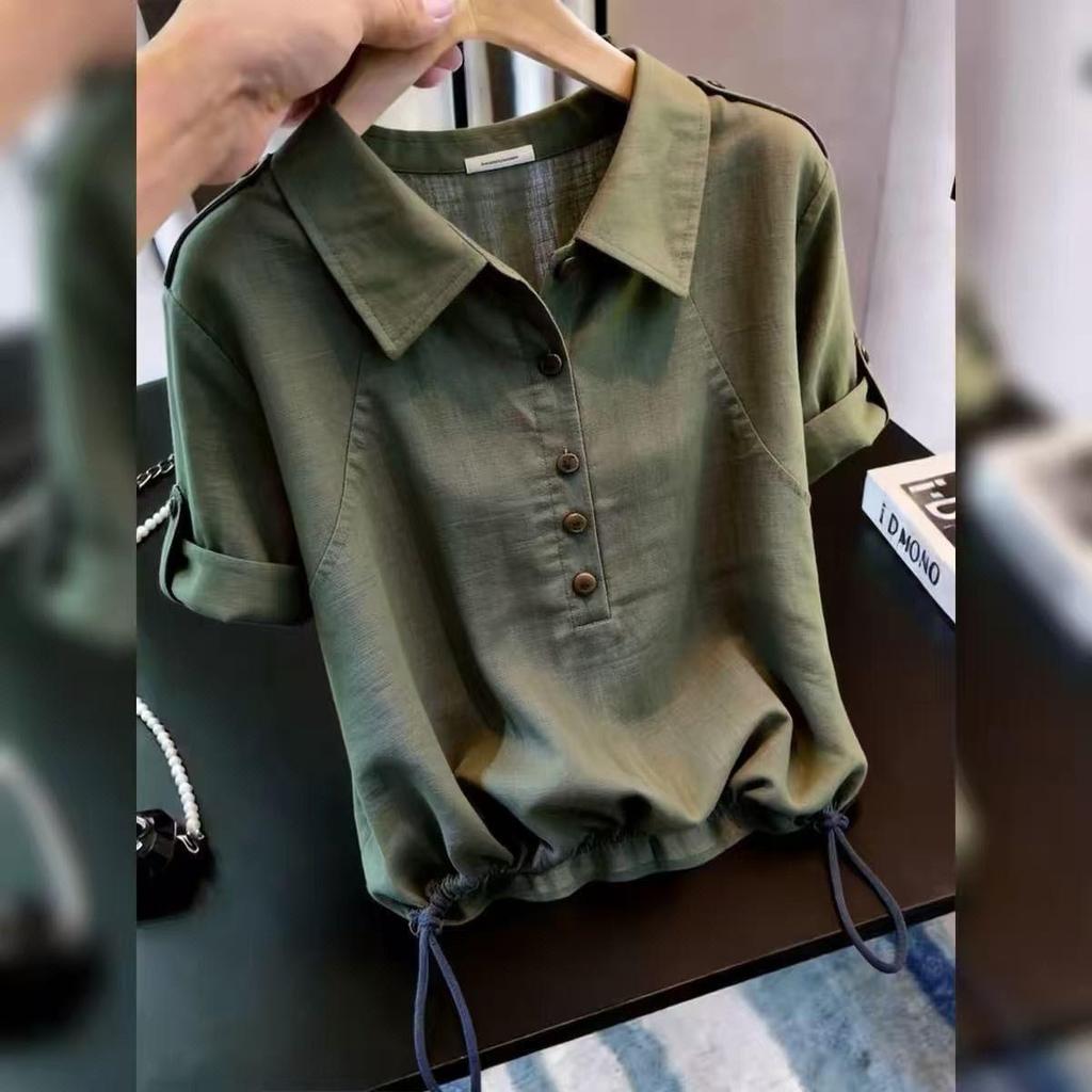 [จํากัดเวลา Seckill] ฤดูร้อนใหม่กองทัพสีเขียวแคบ-เอวเสื้อแขนสั้นผ้าม่านออกแบบผ้า Niche หลวม Slimmer ดู Commuter