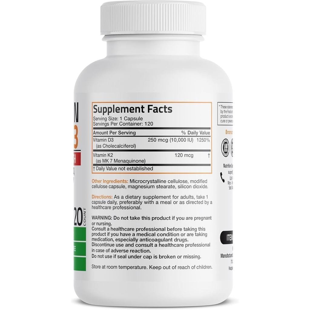 Bronson Vitamin K2 (MK7) พร้อม D3 Strength Heart Health Non-GMO Formula 10,000 IU Vitamin D3 & 120 m