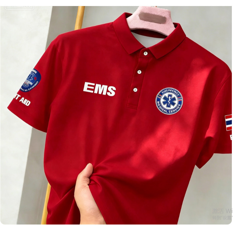 【polo】 codเสื้อ กู้ชีพ ems1669 เสื้อโปโลบริการการแพทย์ฉุกเฉิน EMS แขนติดธงไทย ระบายอากาศและทนทาน เสื