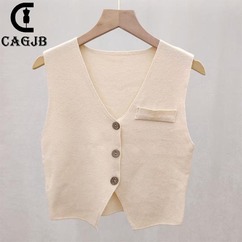 [CAGJB] คอผู้หญิง Slim Fit เสื้อกั๊กถักภาษาฝรั่งเศสคํา Retro เดี่ยวหน้าอกแขนกุดด้านบนสบายสําหรับโรงเ