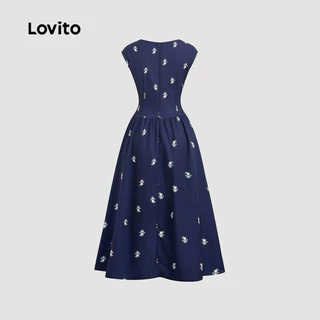 (New Arrival) Lovito เดรสสีน้ําเงินเข้มสําหรับผู้หญิง ลายแพทเทิร์นสวยหรู กระดุมหน้า เหมาะสําหรับฤดูใบไม้ผลิ/ฤดูร้อน LBL36139