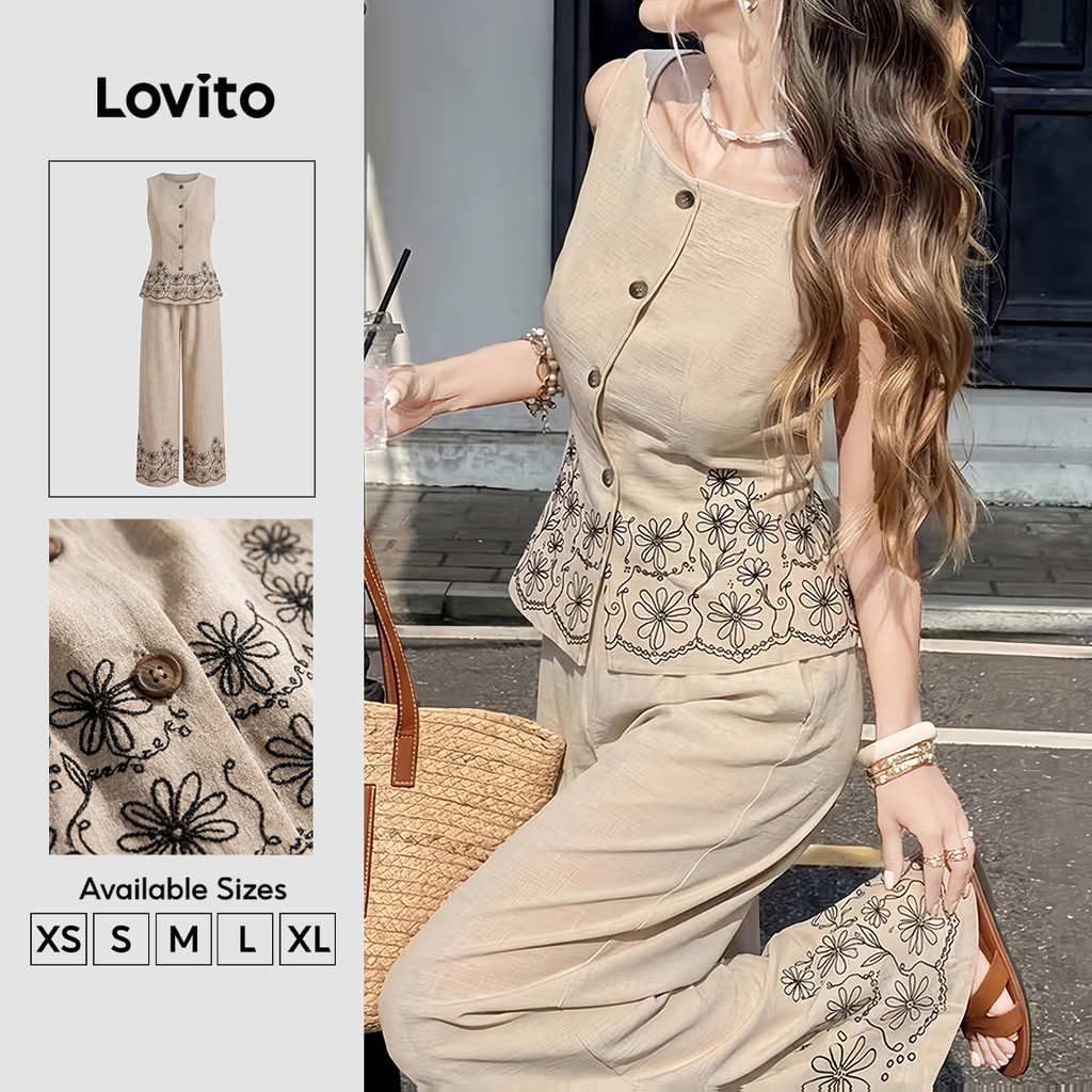 (New Arrival) Lovito กางเกงลําลองสไตล์โบโฮสําหรับผู้หญิง สีแอปริคอต เหมาะกับฤดูใบไม้ผลิ/ฤดูร้อน PSK9