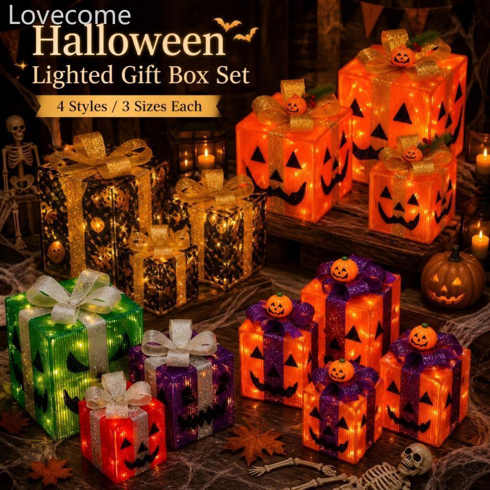 Lovecome 3 ชิ้นฮาโลวีน Light-Up ของขวัญกล่องชุด 8 โหมดไฟ LED ตกแต่งกันน้ํากล่องแบตเตอรี่ Stackable พ