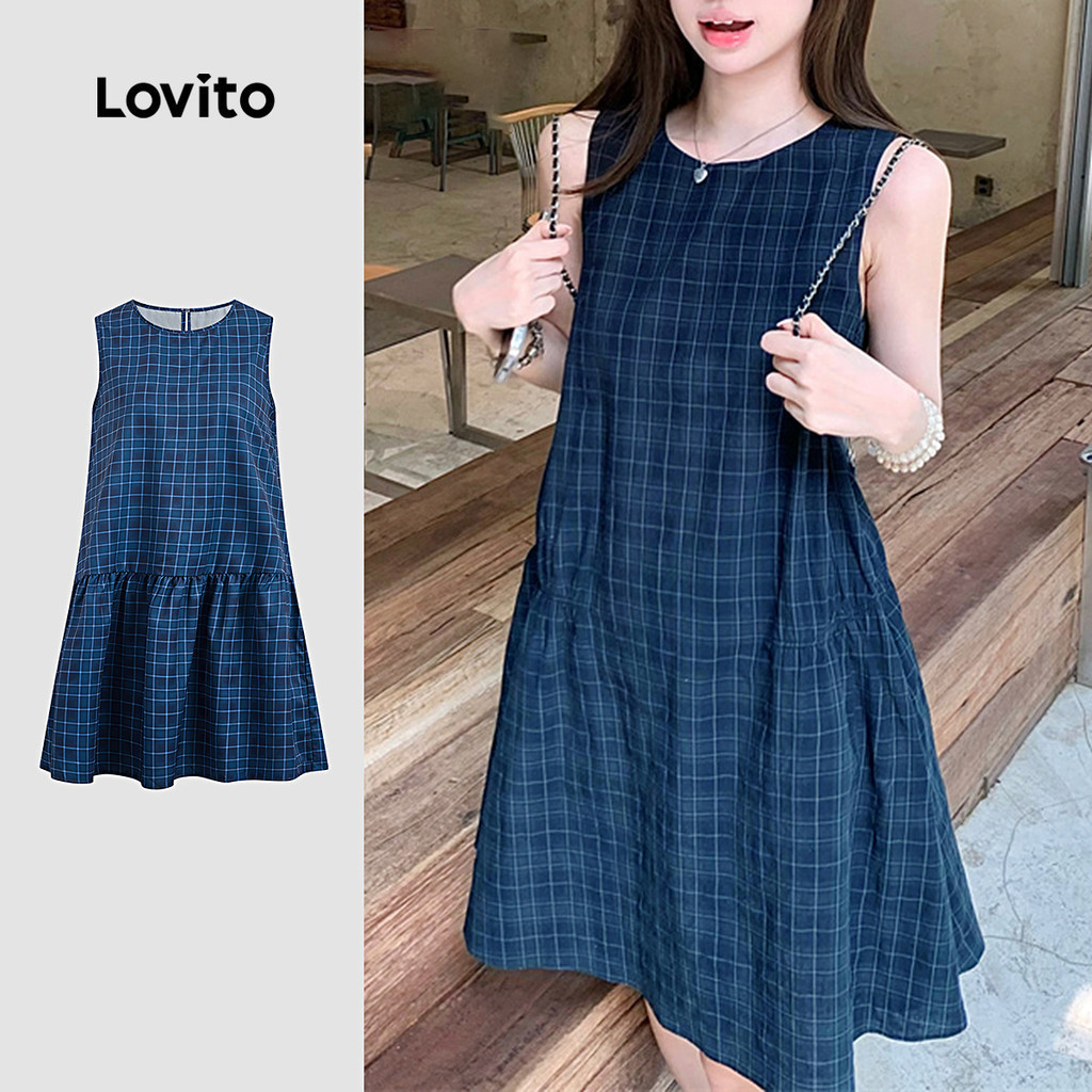 Lovito แคชชวล เดรสลําลองระบายชายฤดูใบไม้ผลิ/ฤดูร้อนเดรสสีน้ําเงินกรมท่าสําหรับผู้หญิง L164LD121