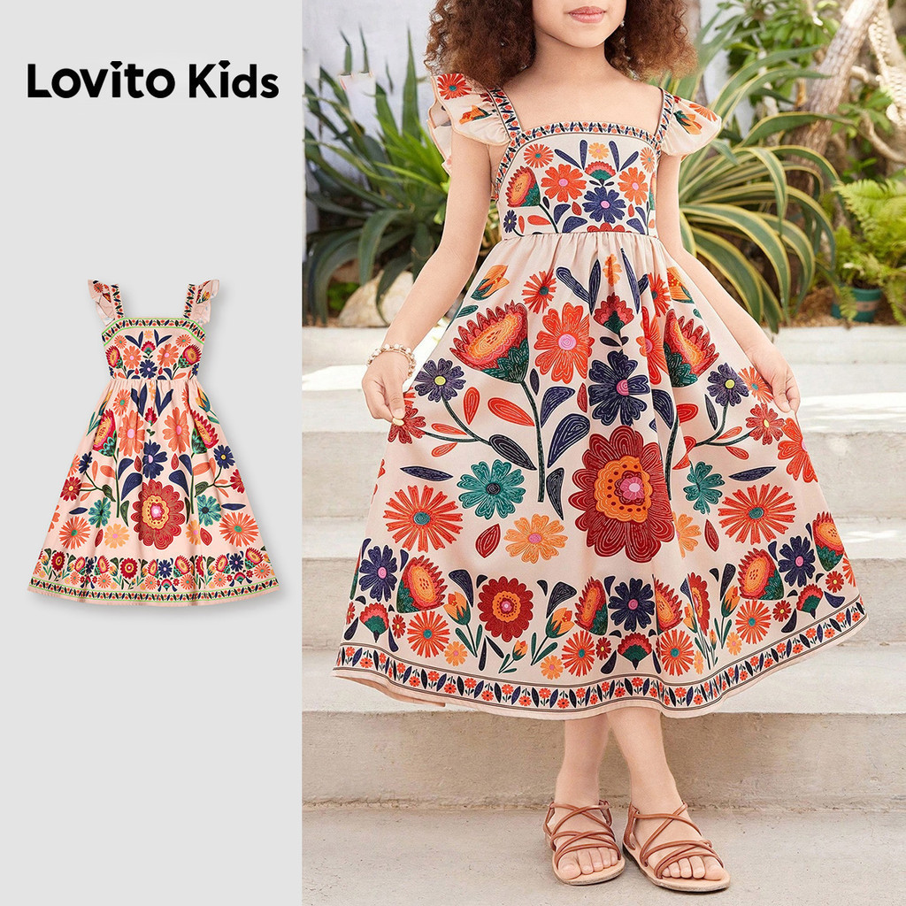 Lovito Kids เดรสวันหยุด เดรสระบาย สําหรับผู้หญิงฤดูใบไม้ผลิ/ฤดูร้อน L168LD175
