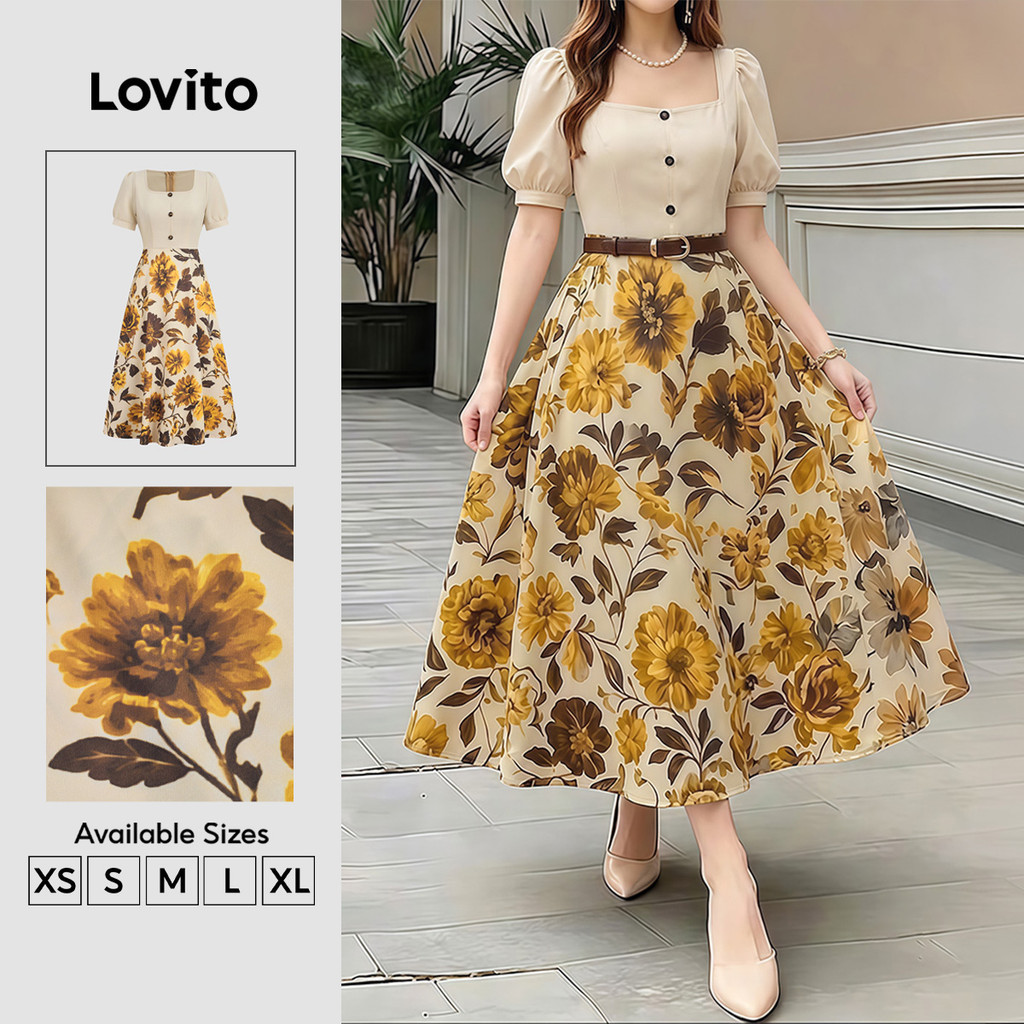 (New Arrival) Lovito ชุดเดรสผู้หญิง 2 in 1 กระดุมหลอก ซิปหน้า สไตล์สปริง/ซัมเมอร์ DRB201P1D347