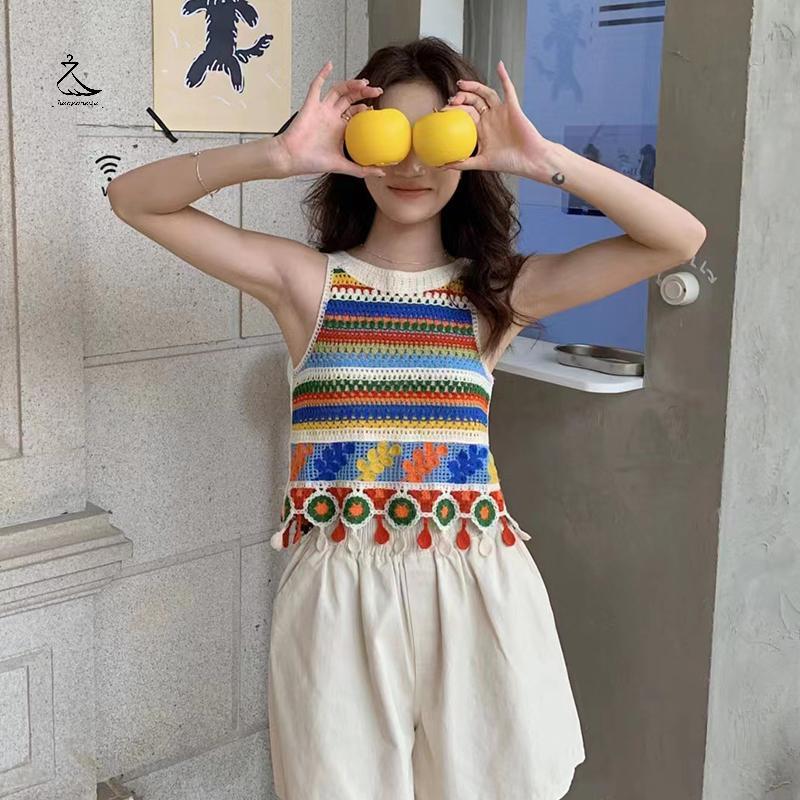 [HSSL] ฤดูร้อน Retro ลาย Hollow Out ถักเสื้อกล้ามผู้หญิงรอบคอแขนกุดพู่ Camisole MCL7717