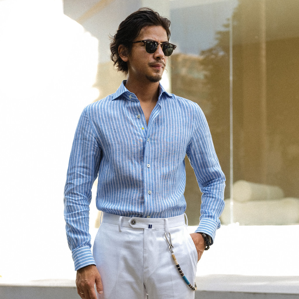 Abilu ฤดูใบไม้ผลิฤดูร้อน Retro สุภาพบุรุษ NAPOLI นําเข้าผ้าลินินแท้ Stripes Windsor Collar ปักเสื้อแ