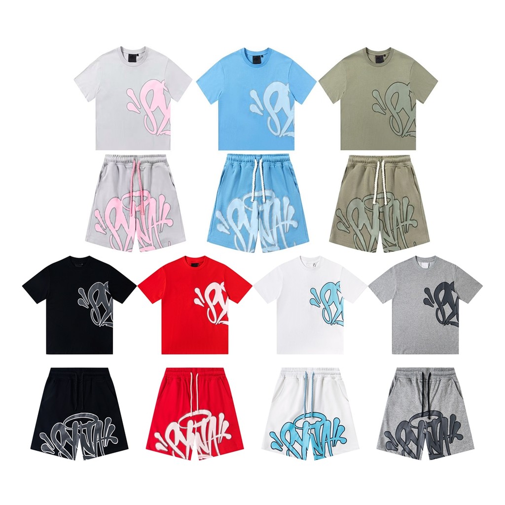 Syna VLBE Meichao การค้าต่างประเทศ Retro Letter LOGO โฟมชุดผ้าฝ้ายแท้กีฬาเสื้อยืดแขนสั้นกางเกงห้าจุด