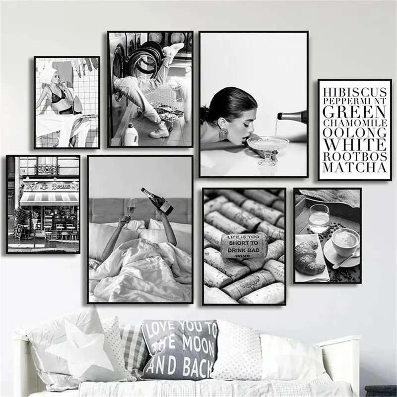 สีดําและสีขาวดื่มโปสเตอร์เซ็กซี่ผู้หญิงผ้าใบภาพวาดไวน์ Wall Art พิมพ์ Nordic โปสเตอร์ภาพห้องนั่งเล่น