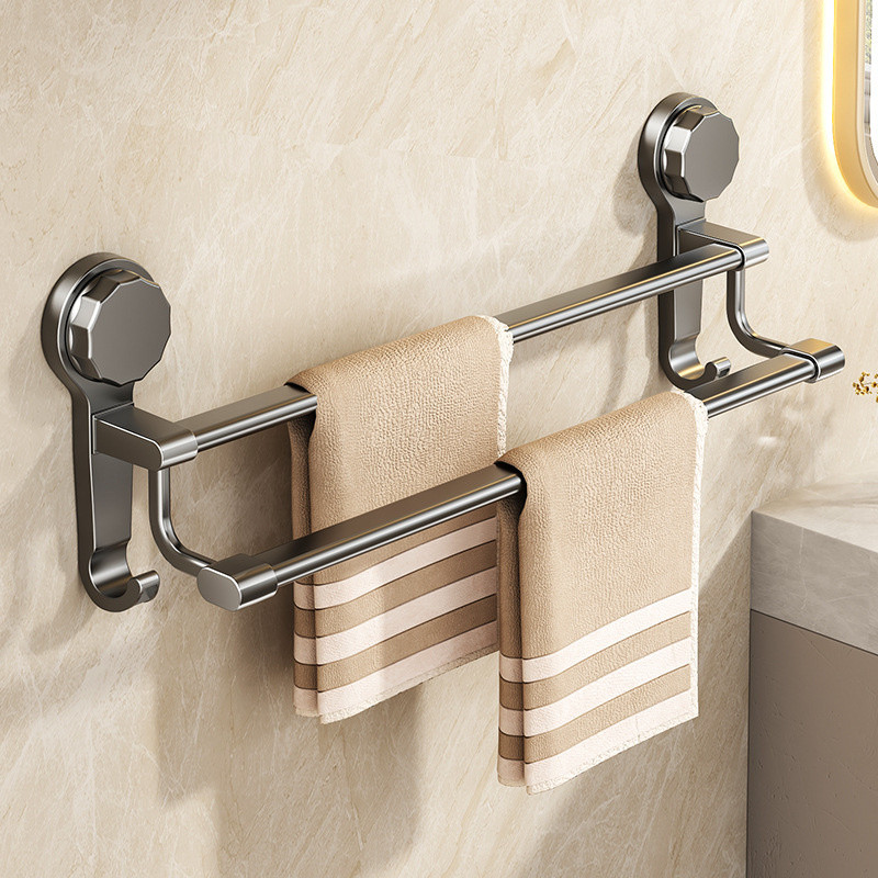 Double Rod Suction Cup Towel Rack No-drill wall-mounted towel rack with hooks  Bathroom towel rack S