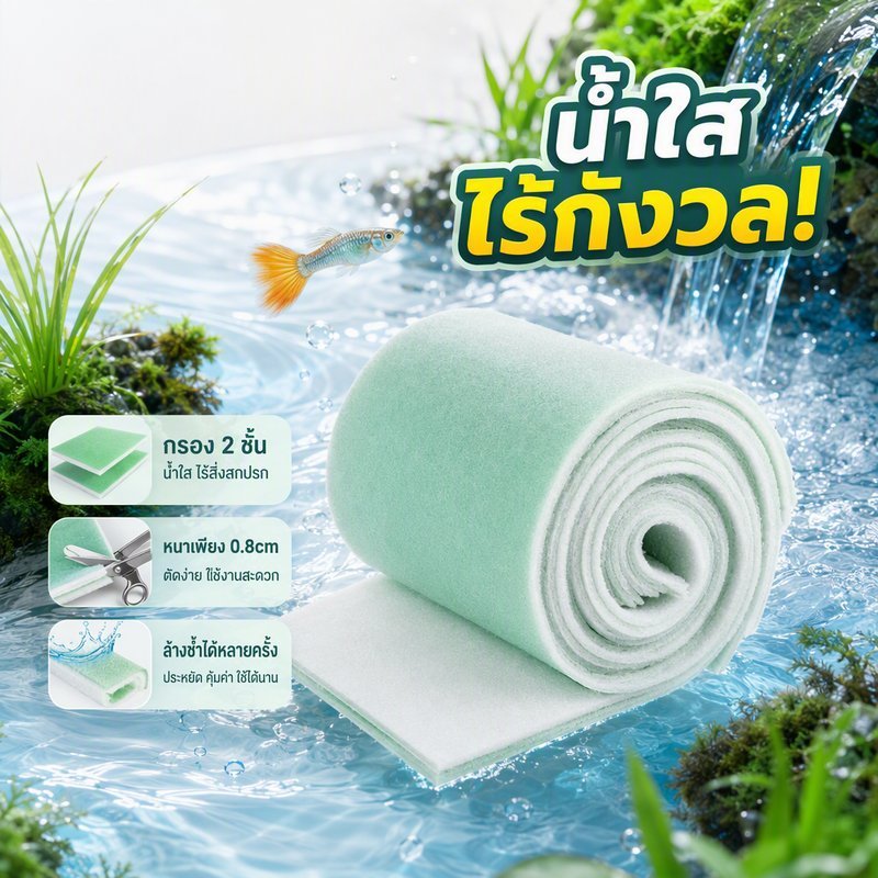 แผ่นใยกรองตู้ปลา 2 ชั้น หนา 0.8 ตัดได้ น้ำไหลดี ล้างใช้ซ้ำได้ ไส้กรองตู้ปลา กรองน้ำ