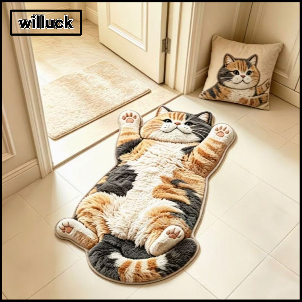 WILLUCK พรมตกแต่งบ้าน,ลื่นทําความสะอาดง่ายพรมพื้นที่รูปแมว,นุ่มป้องกันการเปรอะเปื้อน2Dการ์ตูนพรมห้องนอน