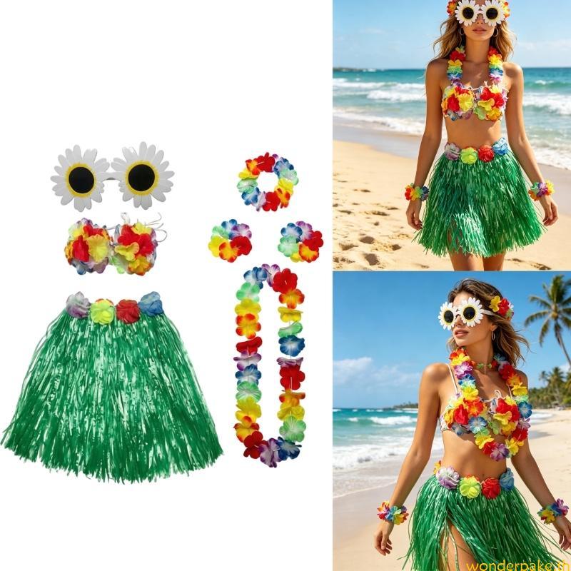 Wonder Grass Skirt Outfit Set with Flower Lei และ Daisy Glasses Party Decors