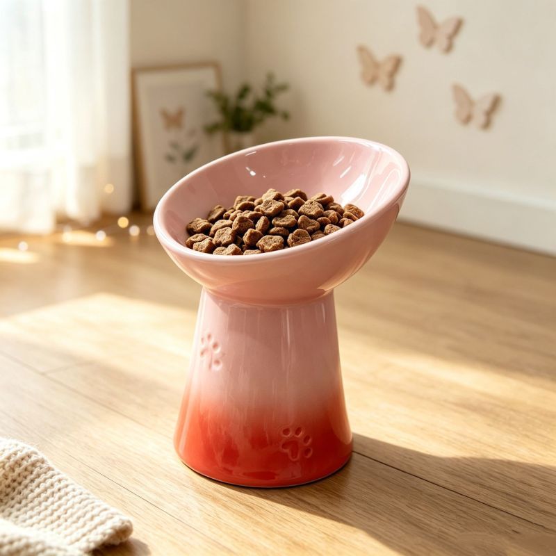 [สัตว์เลี้ยงต้องมี] French Ceramic High-Foot Oblique Mouth Cat Dog Neck Protection Bowl Water Bowl L