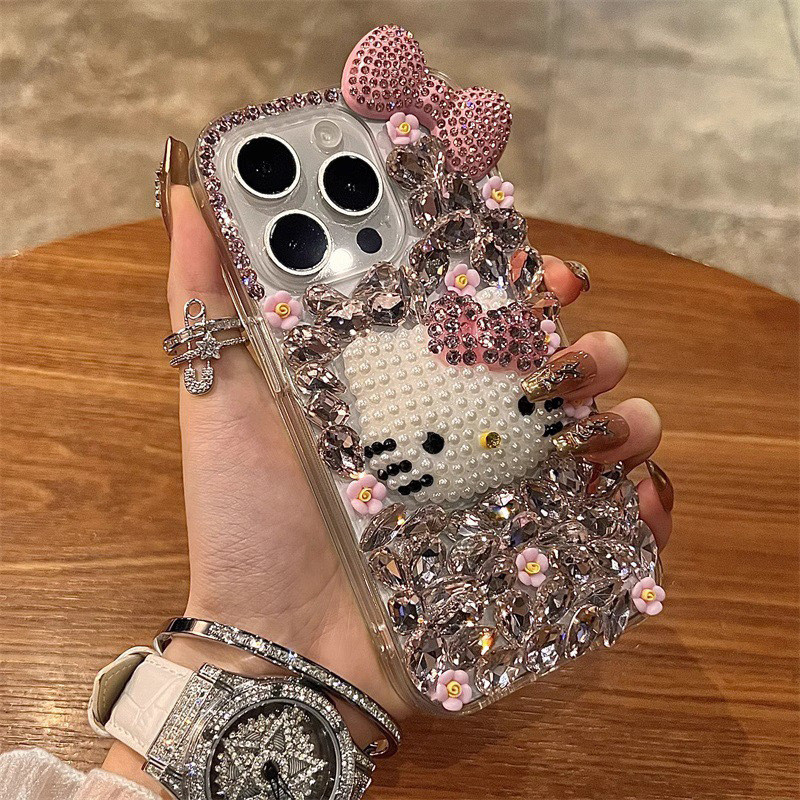Rhinestone Bow Tie การ์ตูน KT แมวเคสโทรศัพท์เหมาะสําหรับ iPhone16promax Full Diamond 17air High-End 