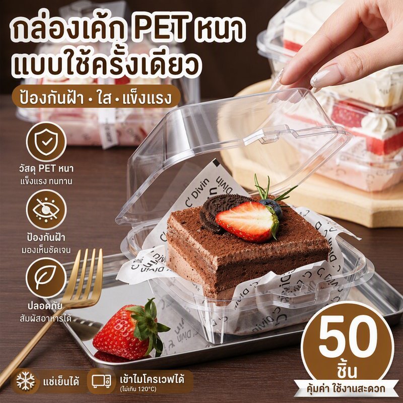 COD กล่องพลาสติกใส PET เกรดอาหาร มีฝาล็อค 50ใบ พกพาง่าย ใส่เค้กเบเกอรี่แซนวิชแฮมเบอร์เกอร์ผลไม้ เหมาะใช้ในร้านค้า