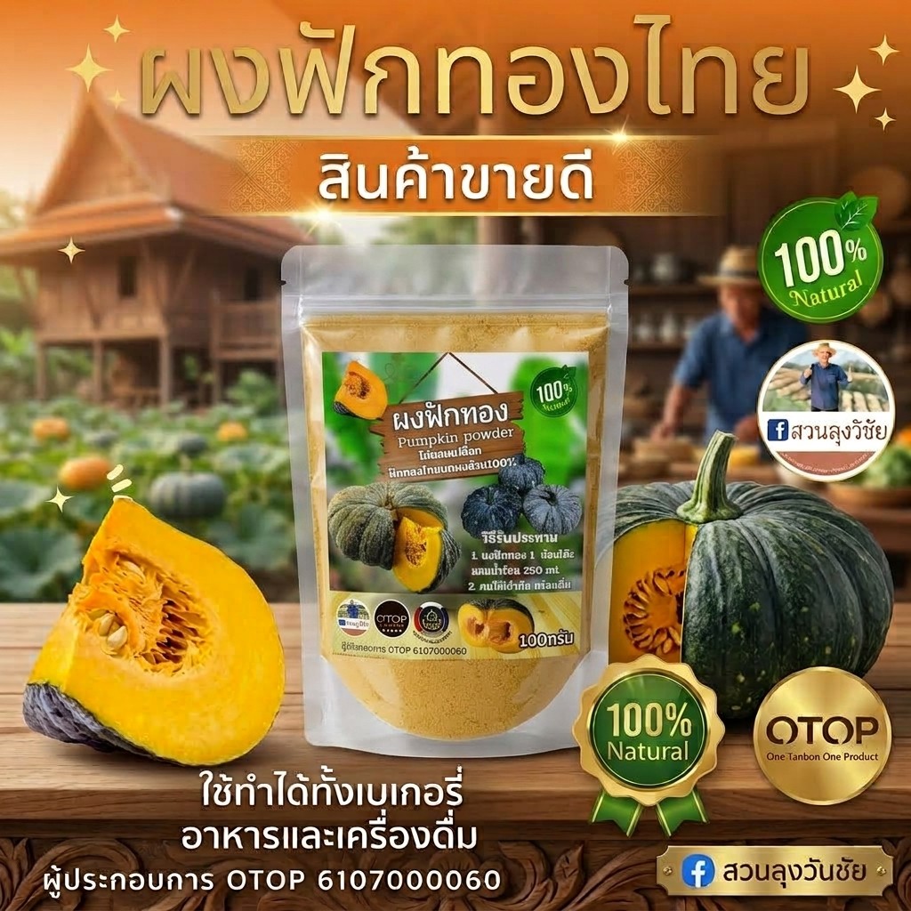 ผงฟักทอง ฟักทองบดผงล้วน100% ไม่มีน้ำตาล ผงฟักทองแท้ 100% จากฟักทองไทยคุณภาพเยี่ยม OTOP ขนาด100กรัม (ซองใส)