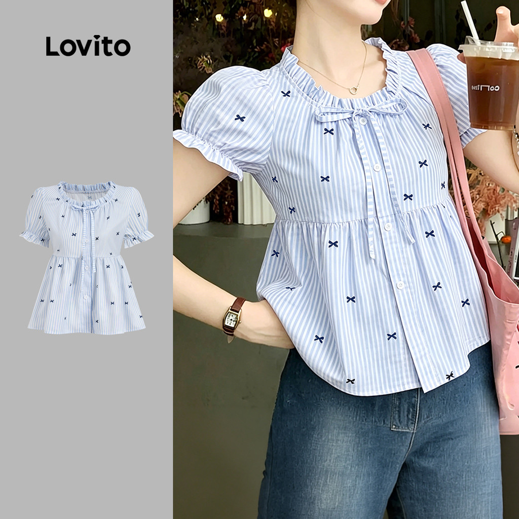 (New Arrival) Lovito เสื้อเบลาส์ลําลองติดโบว์กระดุมระบาย สําหรับผู้หญิง สีฟ้า เหมาะกับฤดูใบไม้ผลิ/ฤดูร้อน ประจำวัน เกาหลี อินเทรนด์ L200AD177
