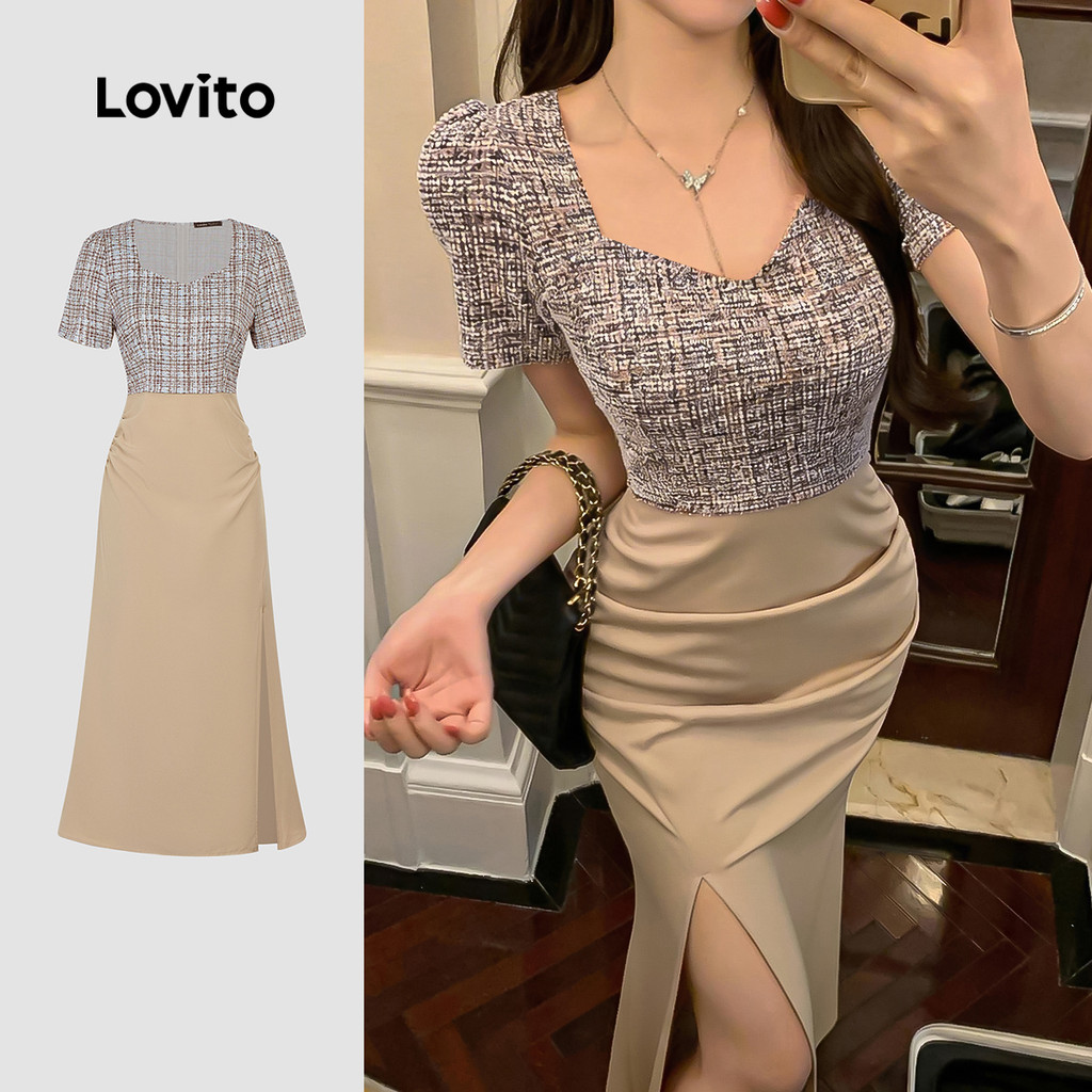 (New Arrival) Lovito เดรสสีบล็อกแต่งระบายผ่าข้าง เดรสสปริง/ซัมเมอร์สําหรับผู้หญิง L198ED194