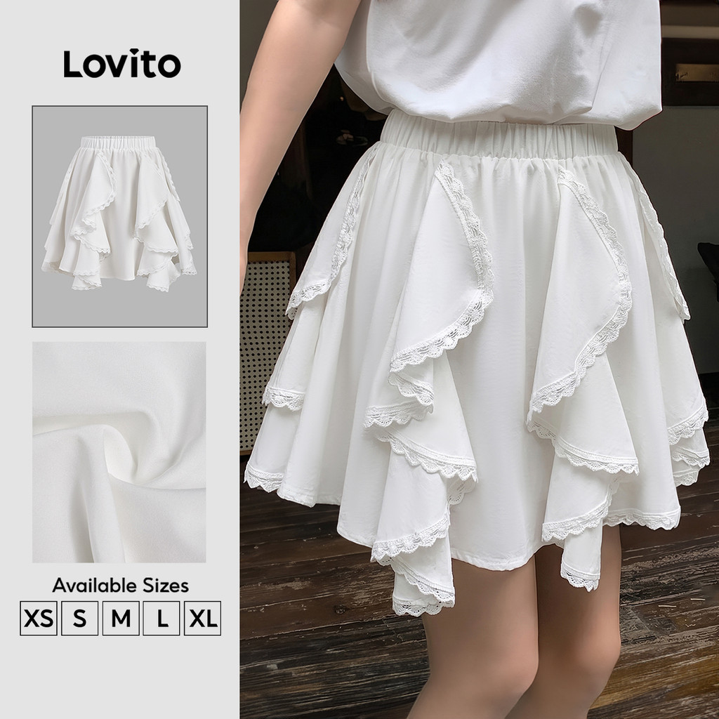 (New Arrival) Lovito กระโปรงลําลองผู้หญิง ขอบระบายลูกไม้ สีขาวนวล เหมาะกับฤดูใบไม้ผลิและฤดูร้อน ประจำวัน เกาหลี อินเทรนด์ SKK8TD276