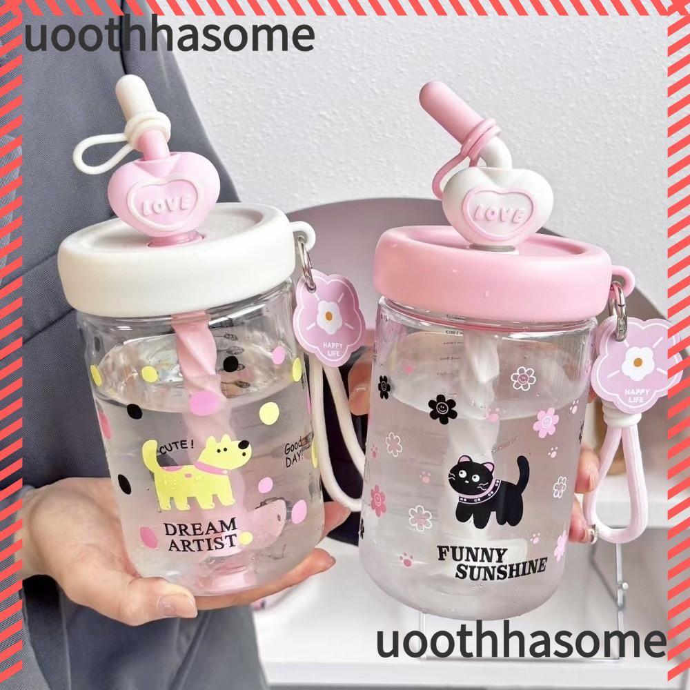 Uothhasome ขวดน้ํา, 580ML แบบพกพา Handle ถ้วยดื่ม, Kawaii พร้อมฟางป้องกันการรั่วความจุสูงเวย์โปรตีน Shaker ขวดเครื่องดื่ม