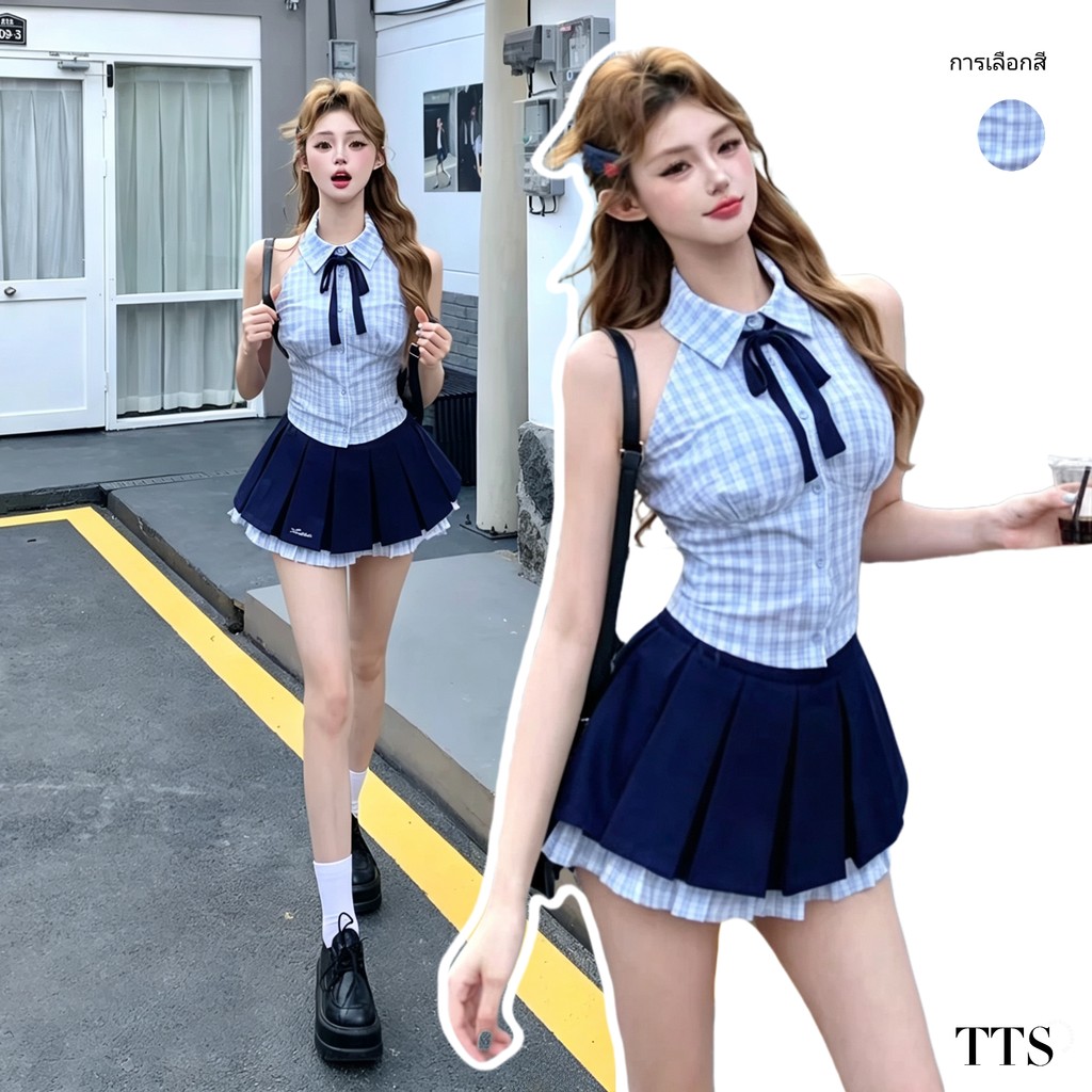 TTS【ในสต็อก】ชุดสูทคอปกแขนกุดลายสก๊อตสไตล์เกาหลีฤดูร้อนสำหรับผู้หญิง