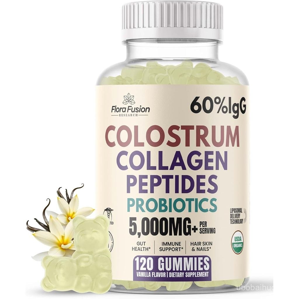Flora Fusion Bovine Colostrum 5000mg พร้อมคอลลาเจนเปปไทด์และโปรไบโอติกสําหรับผู้หญิงและผู้ชาย 60% Ig