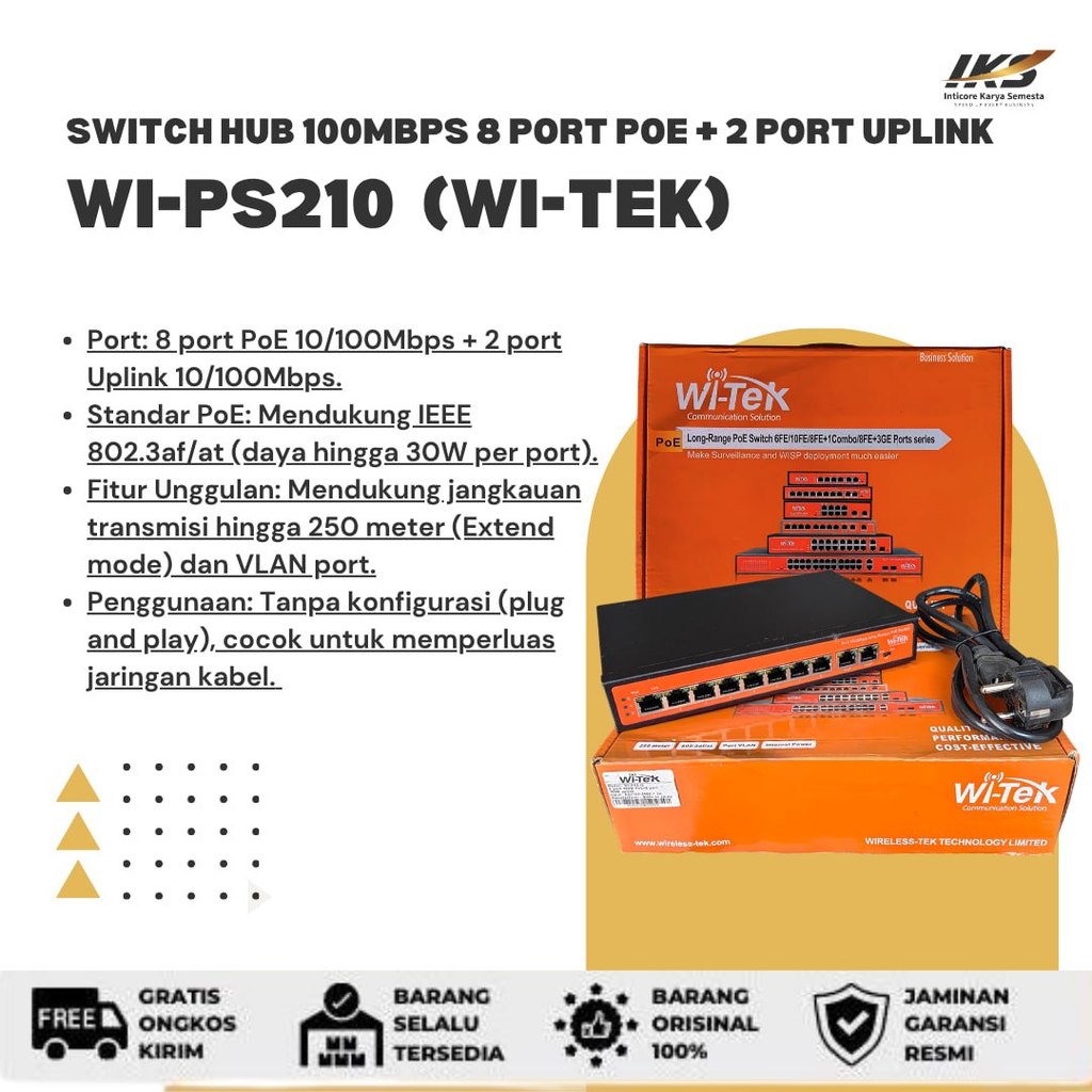 WI-TEK WI-PS210 Switch Hub 10-Port 48V 100Mbps พร้อม PoE 8-Port