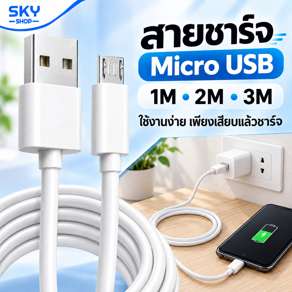 SKY สายชาร์จMircoUSB 1M 2M 3M  สายชาร์จแอนดรอยด์ ต่อไมโครUSB รับประกัน1ปี  สำหรับโทรศัพท์มือถือและแท็ปเล็ต