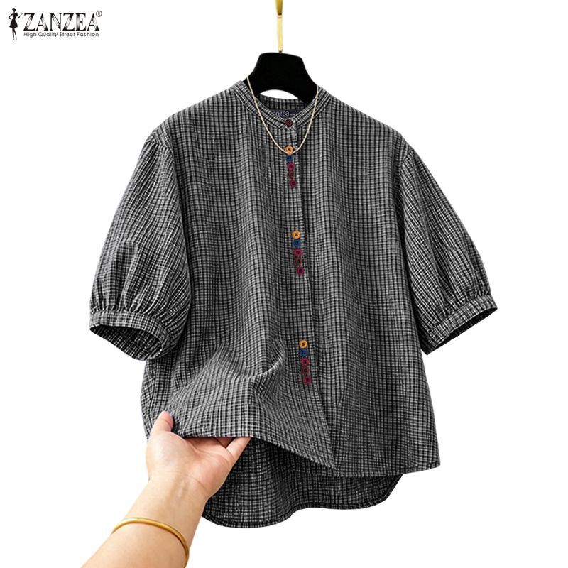 ZANZEA เสื้อเชิ้ตแขนสั้นติดกระดุมแฟชั่นเกาหลีของผู้หญิงหลวมมีสไตล์ — صورة 4