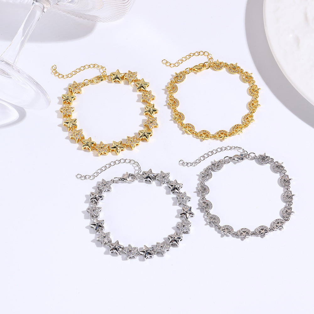 แฟชั่นสามมิติ Multi-set micro-set zircon sta 时尚立体 micro-Dishing Star月亮สร้อยข้อมือ 铜18k Light หรูหรา百