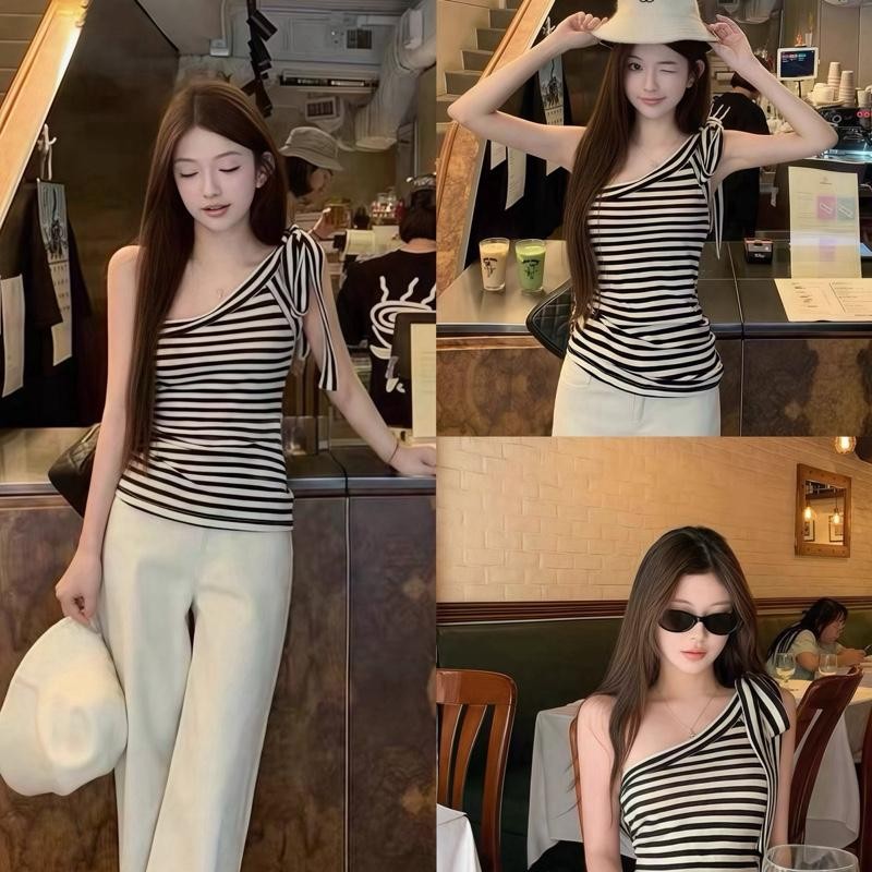 Jayleen • Amora เสื้อสายเดี่ยวปาดไหล่ผูกโบว์ ลายทาง