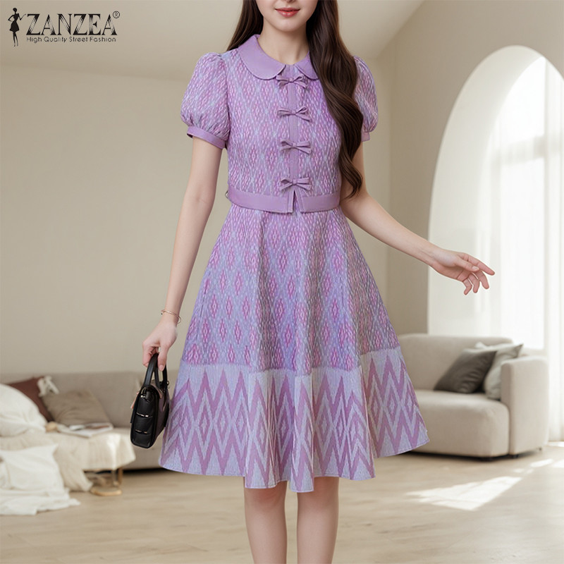 ZANZEA ผู้หญิงเกาหลีพัฟแขนเอว Patchwork ชาติพันธุ์พิมพ์ Bowknots ตกแต่งชุด — صورة 6